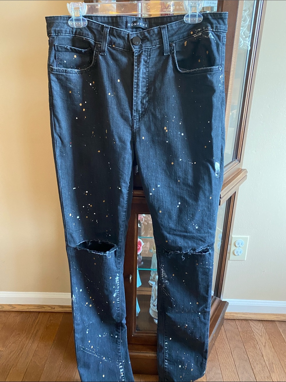 #2. Monfrere Black Slim Straight Jeans with Paint-Splatter and Knee Rips. #2